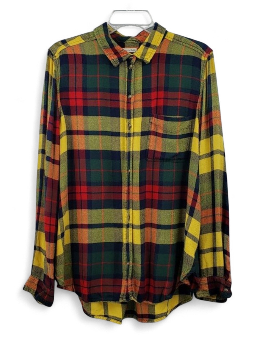 American Eagle Ahh-mazingly Soft Flannel Shirt Women's L Plaid Green Yellow Red